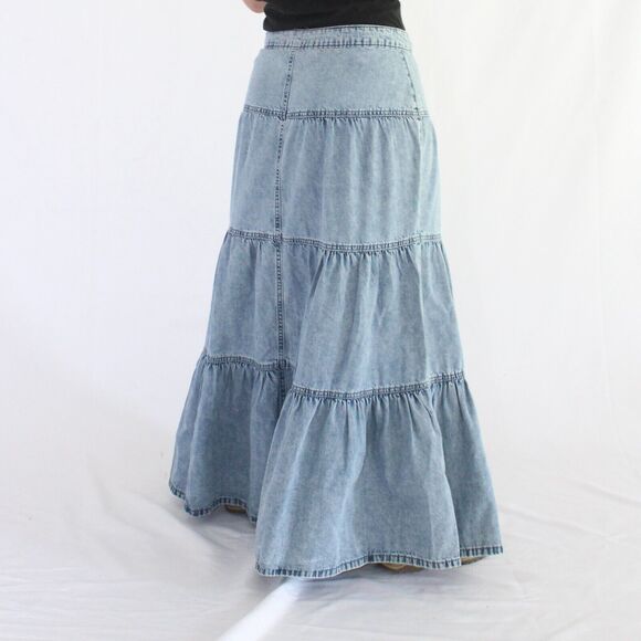 NWT M Jeans By Maurice Size 10 Long Modest Blue Jean Ruffle Maxi Denim Skirt - Picture 2 of 6